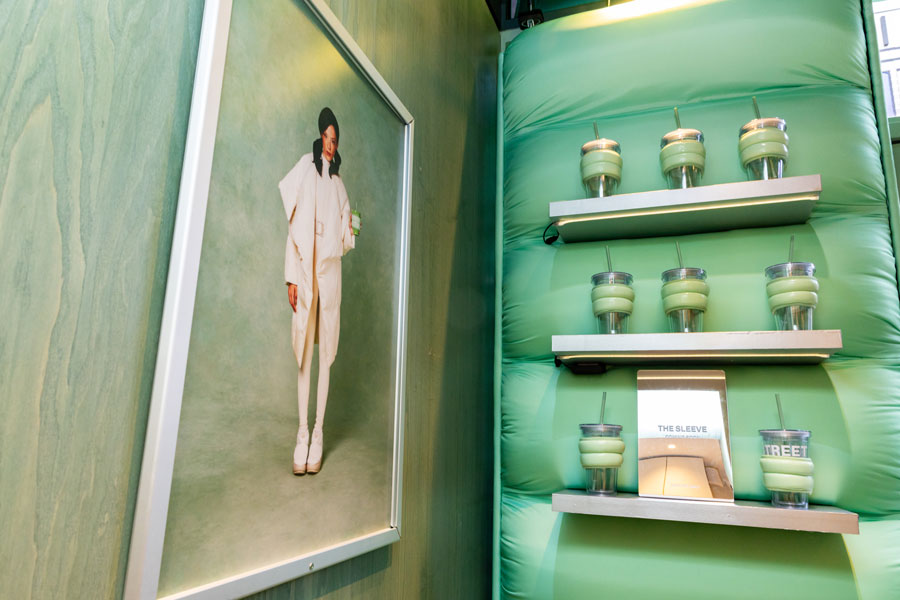 Interior styling of the Blank Street Coffee experiential activation showcasing bespoke retail displays and branded merchandise.