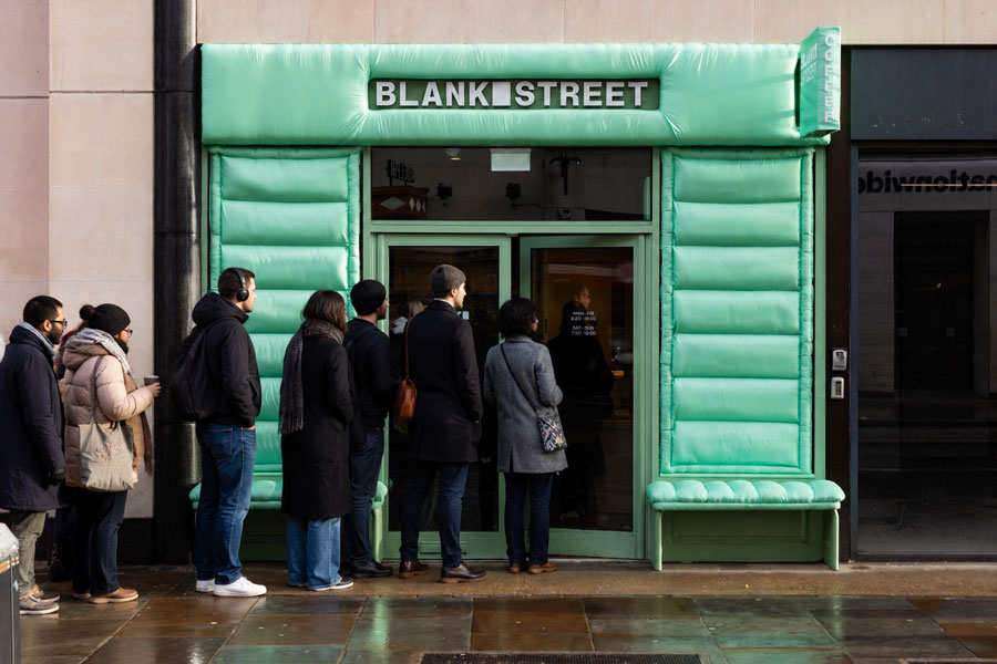 Bespoke retail activation environment designed by Boo Productions for the Blank Street Coffee experiential marketing campaign.