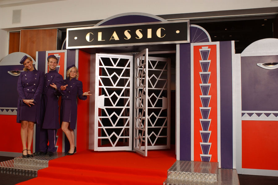 Bespoke Art Deco cinema entrance created for a corporate film screening and immersive private movie event.